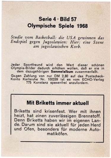 1968 German USA vs Yugoslvia Basketball card from Mexico IXX Olympishce Sommerspiele album