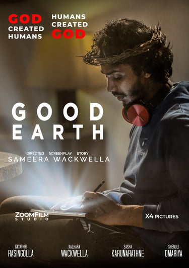 Good Earth movie poster featuring a man with a crown of thorns using a glowing digital tablet.