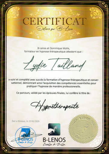 Certificat hypnothérapeute - Lydie Tailland