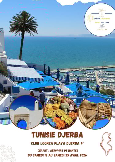 Affiche indiquant séjour à Djerba Tunisie du samedi 18 au samedi 25 avril 2026. Départ de Nantes