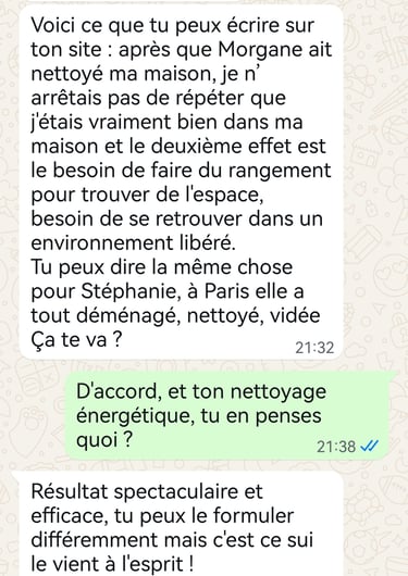 Screenshot of a WhatsApp testimonial in French about home cleaning and energetic clearing services.