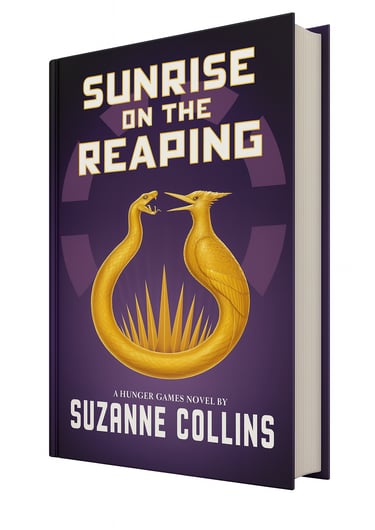 Sunrise on the Reaping book by Suzanne Collins with purple and gold cover