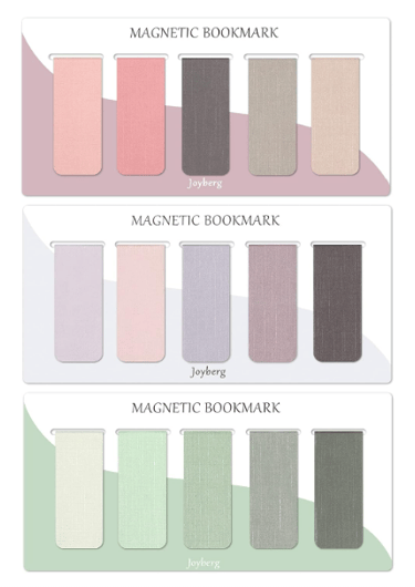 Set of 15 magnetic bookmarks in soft pink, purple, and green tones.