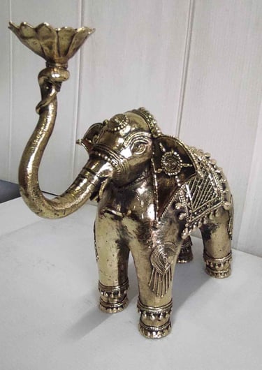 "Designer brass elephant with lotus in upward trunk and tribal carvings, left side-Export-oriented"