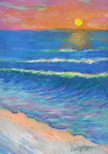 a painting of a sunset over a beach