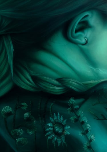 Anita Papp's Verdant Echoes, a contemporary painting blending distorted self-portraiture with lush,