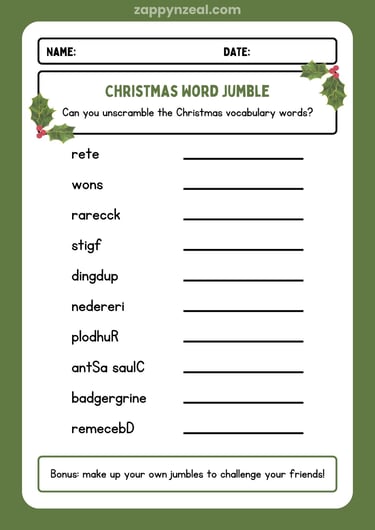 Christmas themed word scramble printable worksheets