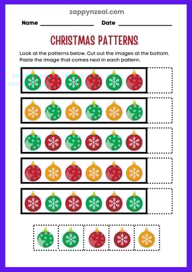 Christmas themed pattern solving worksheets zappynzeal.com