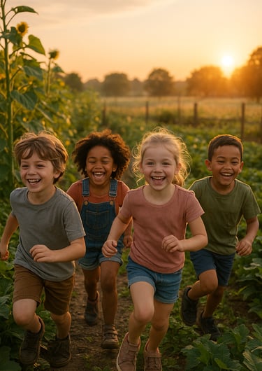 Des enfants s'amusent dans la nature au levé du soleil - Journée mondiale de la vie