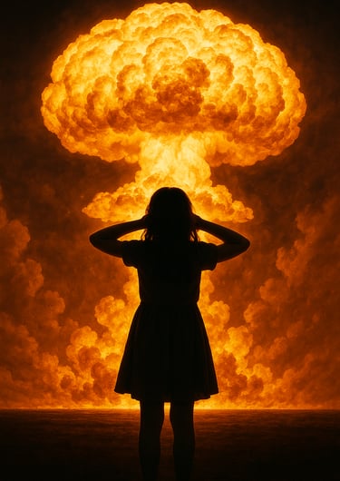 silhouette se bouche les oreilles devant explosion nucléaire, illustration journée internationale