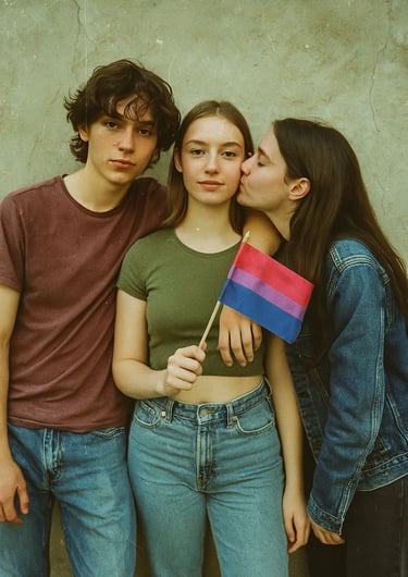 Photo illustration de deux filles et un garçon pour la journée de la bisexualité.