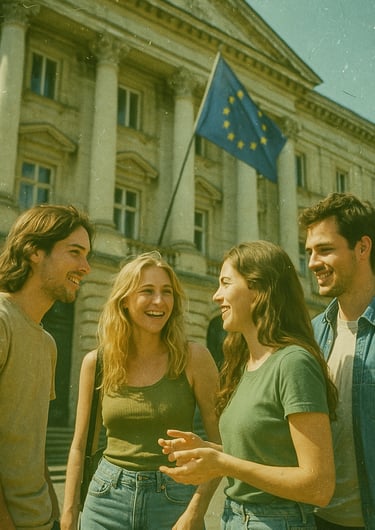 Des européens discutent devant l'université pour la journée européenne des langues.