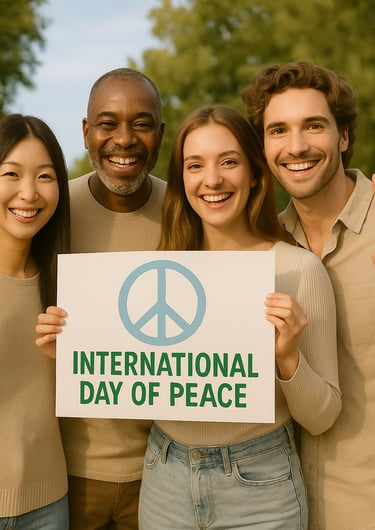 Quatre personnes en photo avec un panneau "journée internationale de la paix".