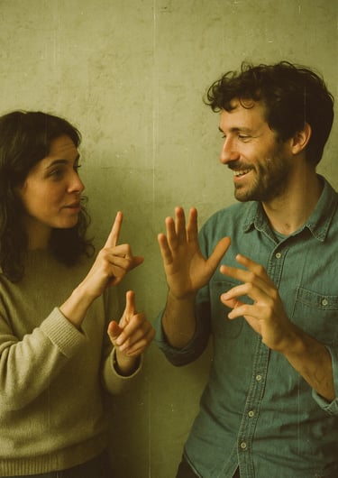 Deux personnes pratiquent la langue des signes our la journée internationale des langues des signes.