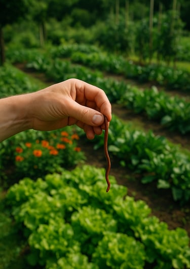 Une main tient un ver de terre devant un potager pour la journée mondiale des vers de terre.