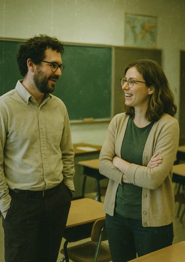 Deux enseignants discutent en classe pour la journée mondiale des enseignants.