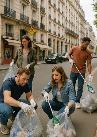 action collective de ramassage dans la rue pour la journée mondiale du nettoyage.