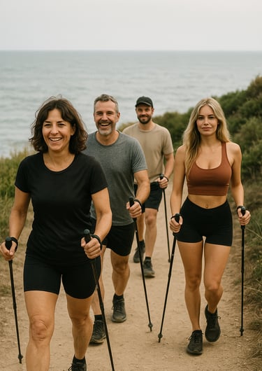 Un groupe d'amis fait de la marche nordique pour la journée nationale de la marche nordique.