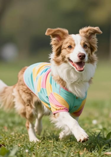 A happy brown and white Border Collie running through green grass wearing a colorful striped dog shirt.