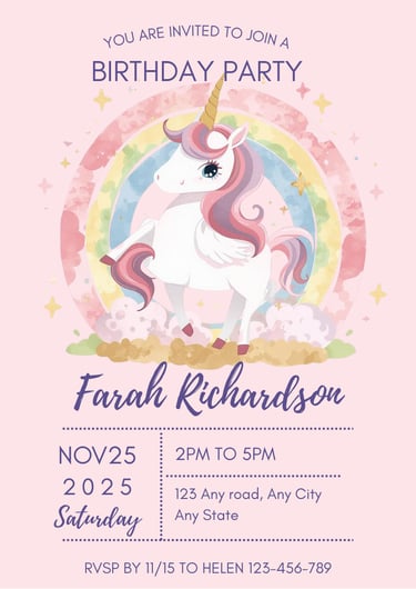Unicorn Kids Birthday Invitation Free Online Template for Canva