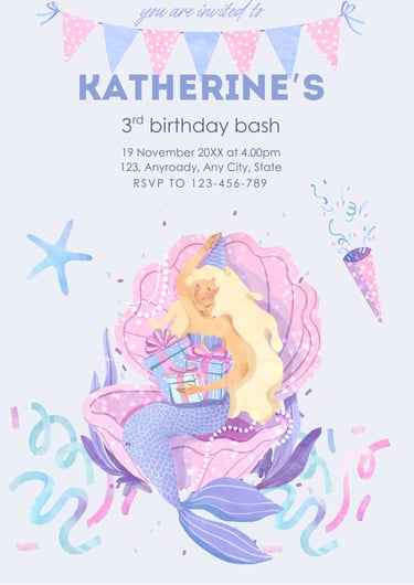Mermaid Sitting on Shell Bday Invitation Customizable Template