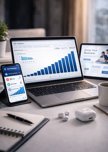 Business growth analytics on laptop and mobile showing increasing traffic and performance data