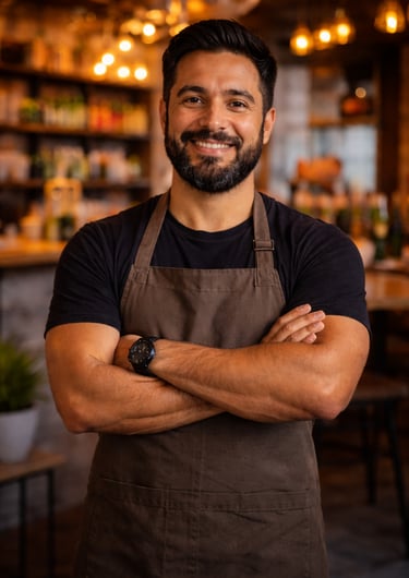 Local business owner smiling in restaurant representing small business clients and services
