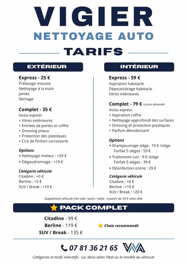 Grille des tarifs pour le nettoyage intérieur et extérieur de voiture à Saint-Junien