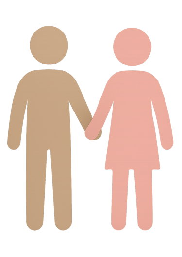 Two figures holding hands, simplified illustration in light brown and pinkish hues.