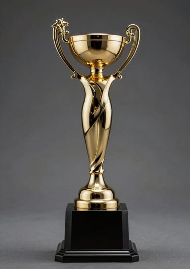 A polished gold award trophy standing on a dark #1A1C20 pedestal. The lighting is dramatic, catching the #A88B57 metallic reflections and emphasizing the prestige of the achievement.