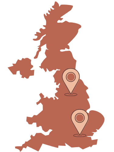 a map of the UK showing our workshops in London and Leeds