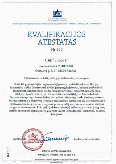 SPSC ypatingojo statinio statybos rangovo kvalifikacijos atestatas Nr. 260