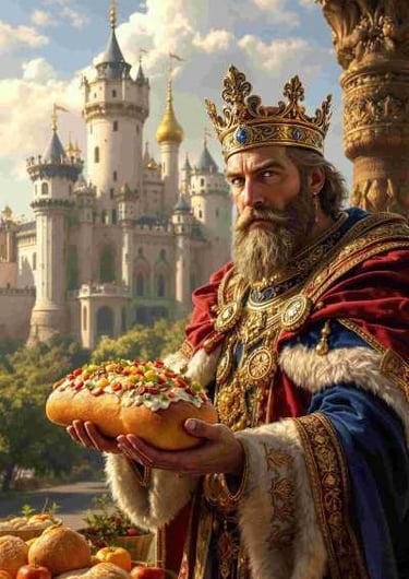 seorang raja menawarkan roti berlapis emas dengan topping yang banyak diatasnya. Di belakangnya ada bangunan kerajajaan eropa