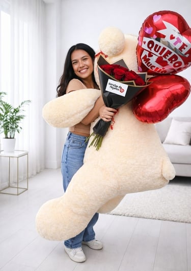 Peluches gigantes y extragigantes en Villavicencio, oso de peluche gigante con ramo de rosas y globo
