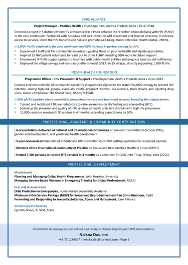 CV sample for public health, new graduate - TORI Award, page 2