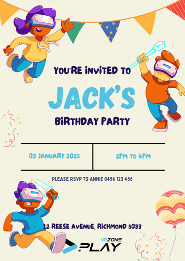 Yellow invitation sample for birthday for VR Zone Play