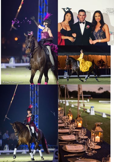 A collage of dressage riders and horses performing under the lights