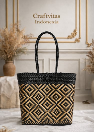 Handwoven plastic tote bag with black and gold batik pattern, handmade Indonesian woven bag by Craftvitas Indonesia
