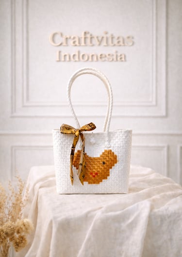 Handwoven plastic tote bag with white bear character, handmade from recycled plastic by Craftvitas Indonesia