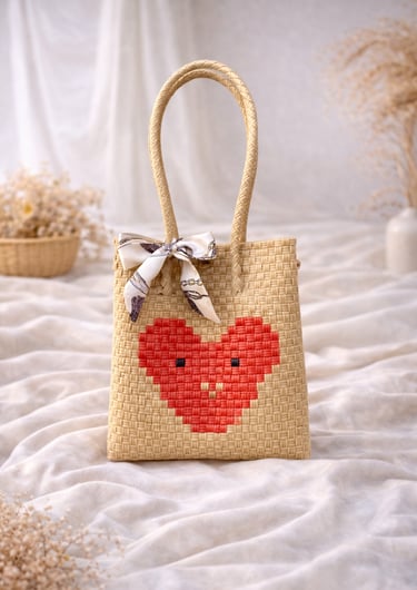 Handwoven brown plastic tote bag with heart character design, handmade eco friendly tote