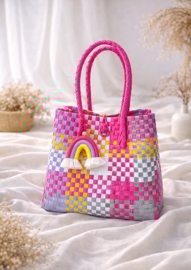 Handmade recycled plastic woven bag pink multicolor combination eco friendly fashion tote by Craftvitas Indonesia