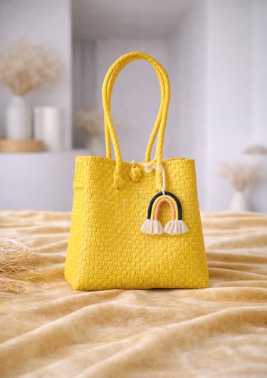 Handwoven yellow plastic tote bag handmade from recycled materials by Indonesian artisans