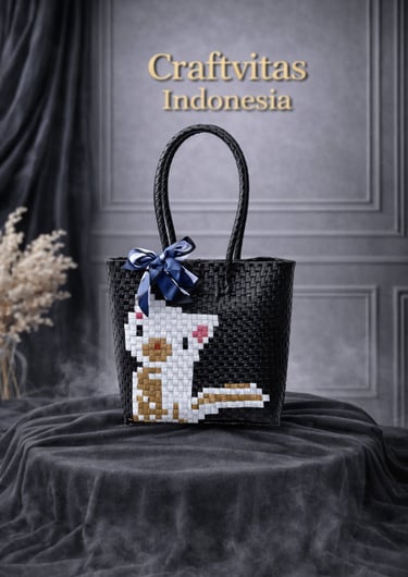 Black handmade plastic woven tote bag with cat character design, sustainable fashion bag