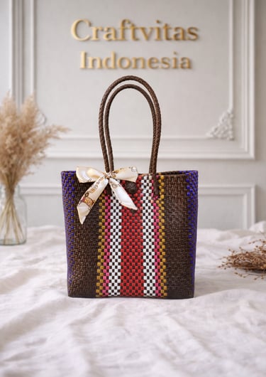 Ethnic rainbow handwoven plastic tote bag brown red color handmade by Craftvitas Indonesia