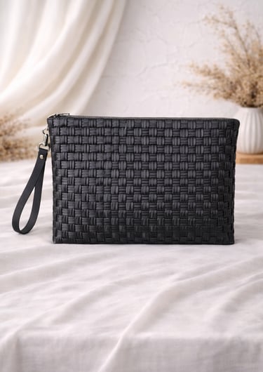 Solid black woven plastic clutch bag handmade minimalist style