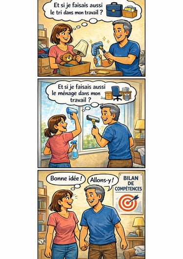 Bande dessinée avec un couple faisant le ménage et discutant du bilan de compétences