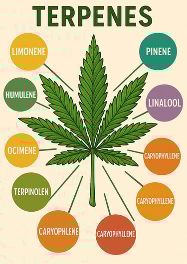 Illustration d’une feuille de chanvre avec les différents terpènes et leurs arômes