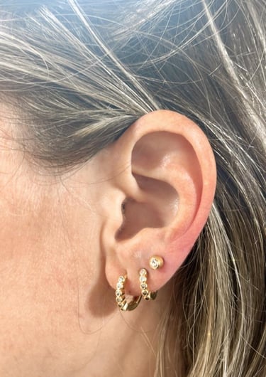 a woman with a gold earring and earrings