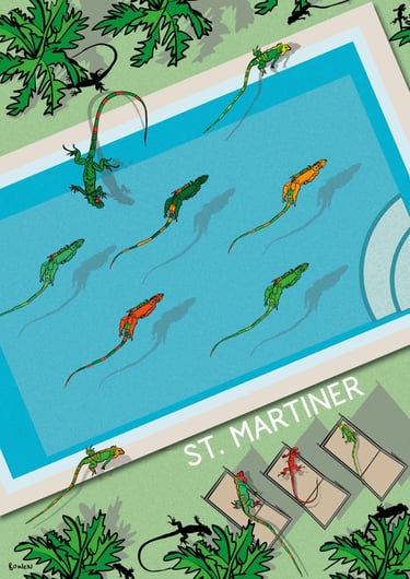 Pool Life by Raymond Bowen - iguanas swimming and sunbathing around pool