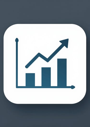 Blue bar chart and growth arrow icon on a white rounded square for business data analysis.